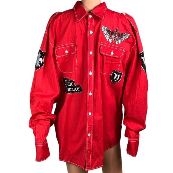 Victorious Men's Size 2XL Red Long Sleeve Embellished Wings Button Shirt Fleur - Picture 1 of 11